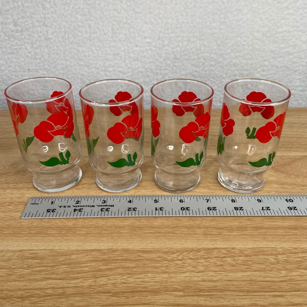 Vintage Anchor Hocking Red Poppy Floral Juice Glasses Mid Century Retro Set of 4 - Picture 3 of 4